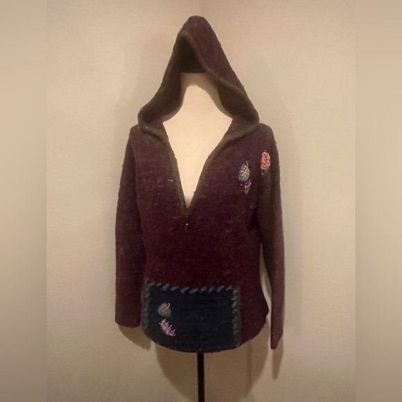 PBJ Sport Sweaters - Vintage PBJ Sport Purple & Brown Hooded Boucle Knit 1/4 Zip Embroidered, medium
